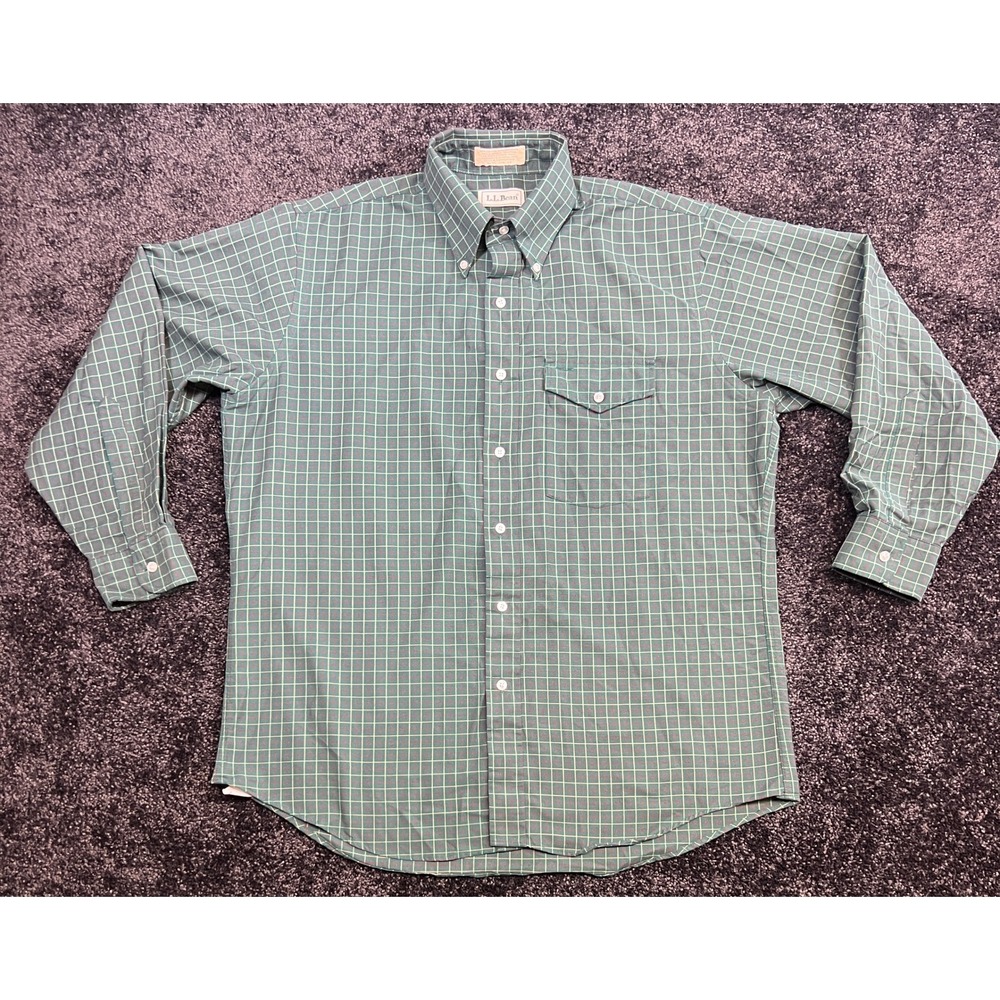 Vintage 70s/80s L.L. Bean Mens Plaid Button‎ Down Long Sleeve Green 16 1/2 - 33